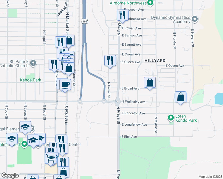 map of restaurants, bars, coffee shops, grocery stores, and more near 3507 East Broad Avenue in Spokane