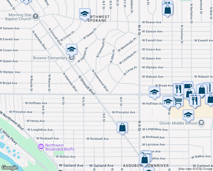 map of restaurants, bars, coffee shops, grocery stores, and more near 4726 North Greenwood Boulevard in Spokane