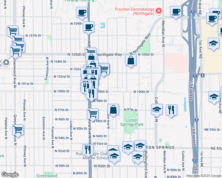 map of restaurants, bars, coffee shops, grocery stores, and more near 1306 North 100th Street in Seattle