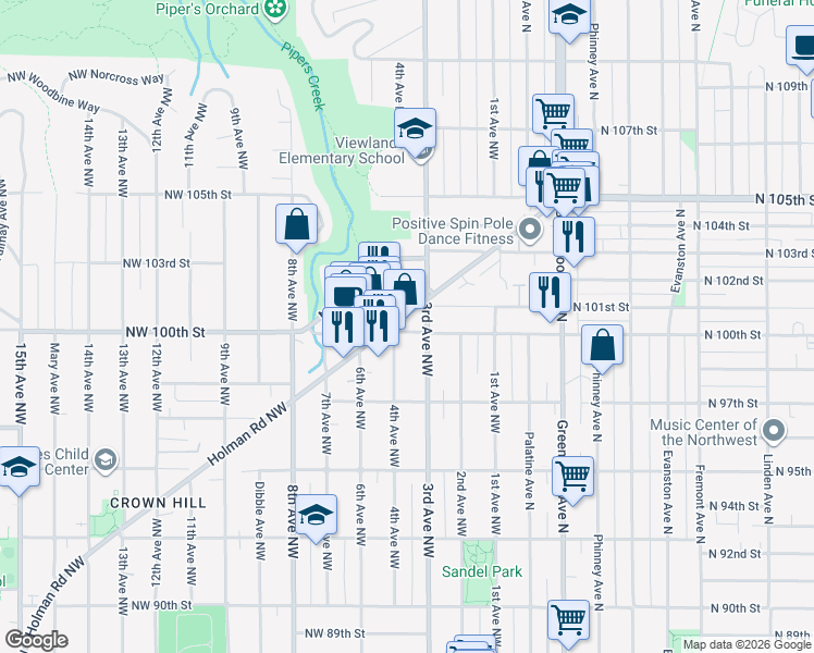 map of restaurants, bars, coffee shops, grocery stores, and more near 10000 Holman Road Northwest in Seattle