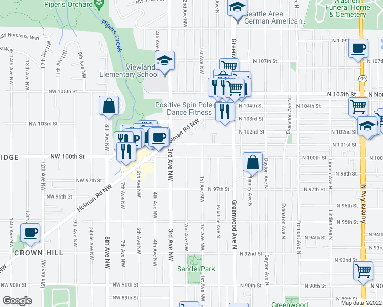 map of restaurants, bars, coffee shops, grocery stores, and more near 120 Northwest 100th Street in Seattle