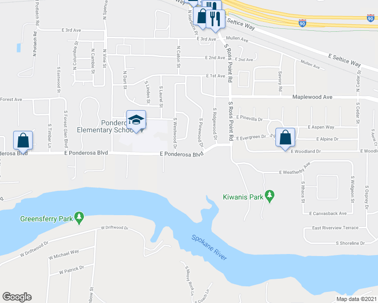 map of restaurants, bars, coffee shops, grocery stores, and more near 3735 East Ponderosa Boulevard in Post Falls