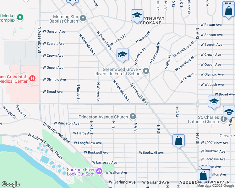 map of restaurants, bars, coffee shops, grocery stores, and more near 3611 West Broad Avenue in Spokane