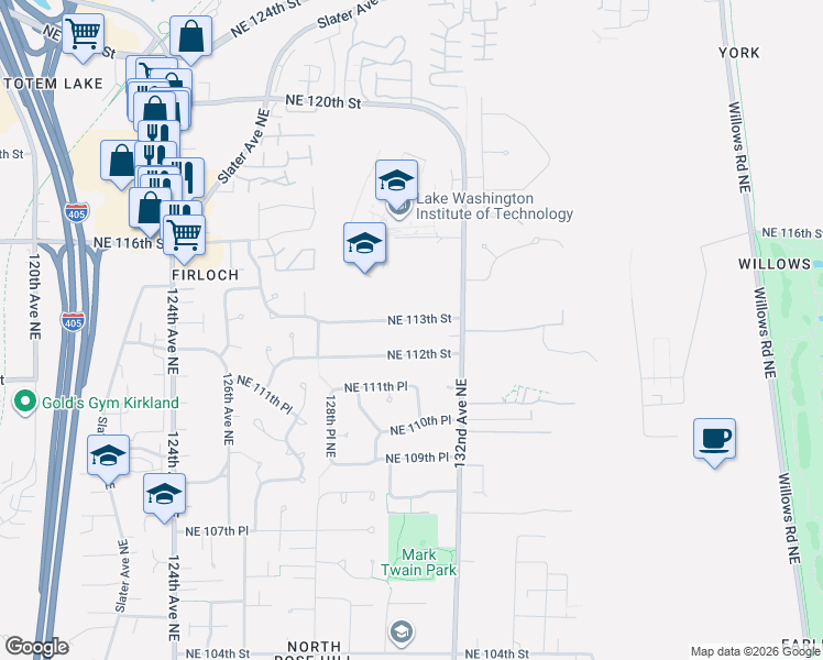 map of restaurants, bars, coffee shops, grocery stores, and more near 13017 Northeast 113th Street in Kirkland