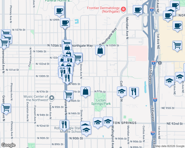 map of restaurants, bars, coffee shops, grocery stores, and more near 1410 North 100th Street in Seattle