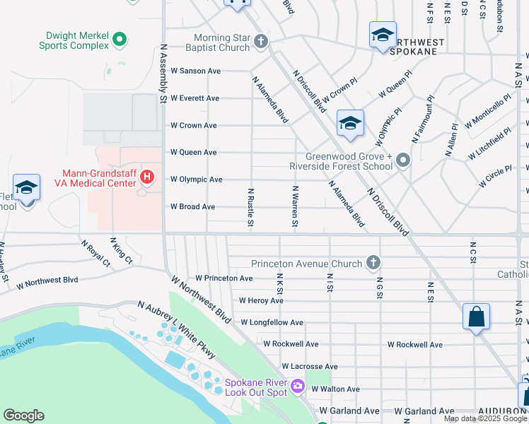 map of restaurants, bars, coffee shops, grocery stores, and more near 3915 West Broad Avenue in Spokane