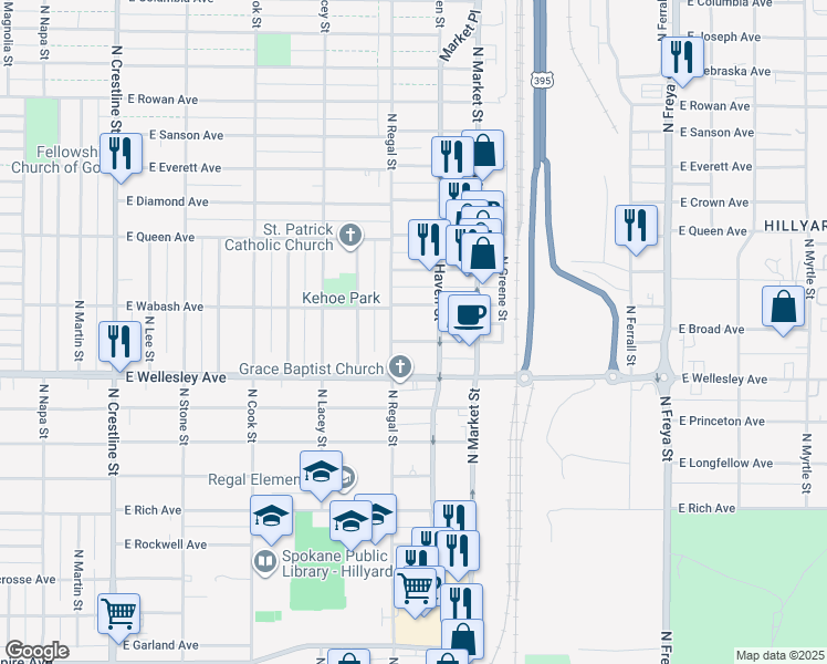 map of restaurants, bars, coffee shops, grocery stores, and more near 2913 East Broad Avenue in Spokane