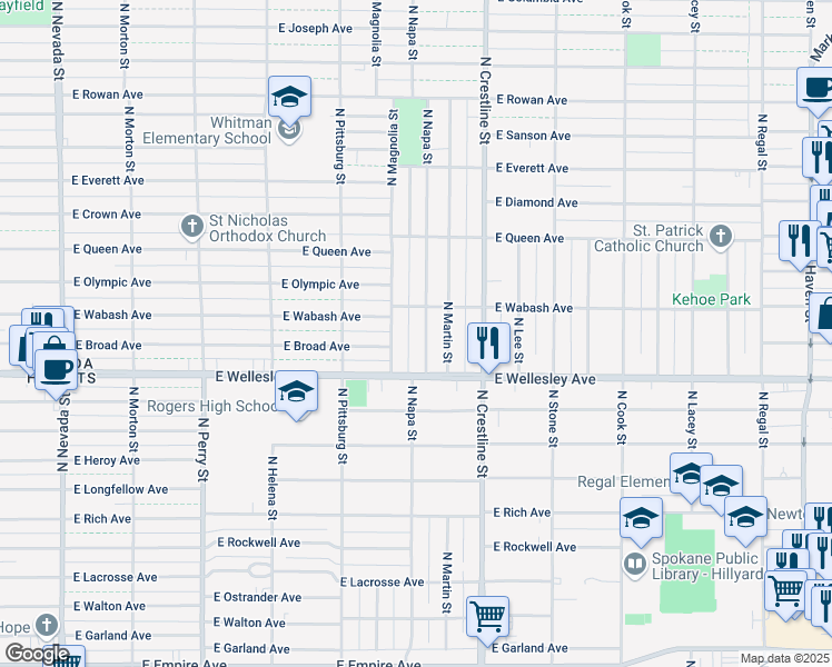 map of restaurants, bars, coffee shops, grocery stores, and more near 4779 North Napa Street in Spokane