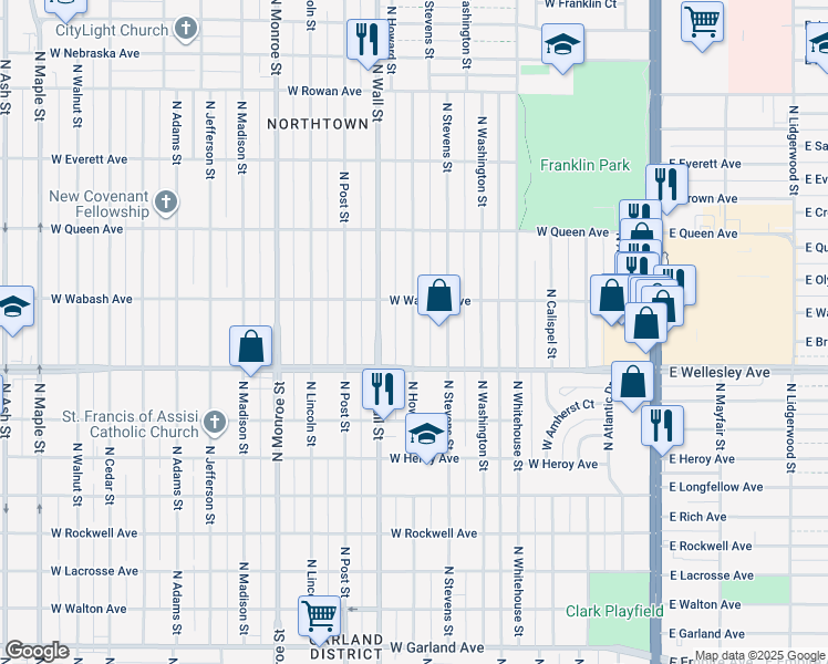 map of restaurants, bars, coffee shops, grocery stores, and more near 4727 North Stevens Street in Spokane
