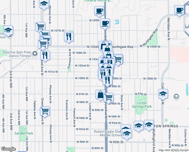map of restaurants, bars, coffee shops, grocery stores, and more near 920 North 100th Street in Seattle