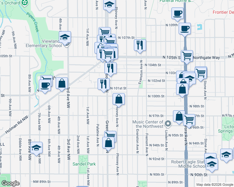 map of restaurants, bars, coffee shops, grocery stores, and more near 412 North 100th Street in Seattle