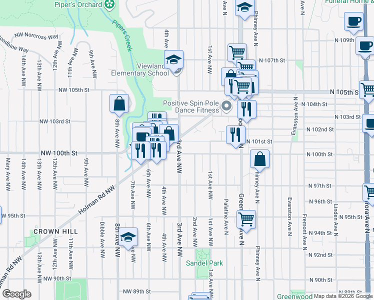 map of restaurants, bars, coffee shops, grocery stores, and more near 128 Northwest 100th Street in Seattle