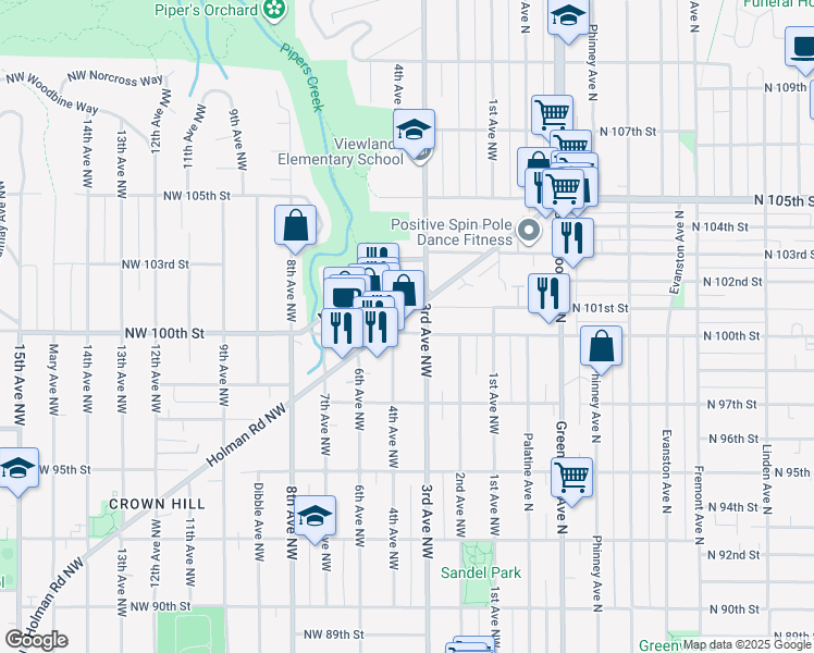 map of restaurants, bars, coffee shops, grocery stores, and more near 9761 3rd Avenue Northwest in Seattle