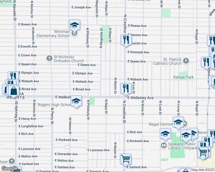 map of restaurants, bars, coffee shops, grocery stores, and more near 4779 North Napa Street in Spokane