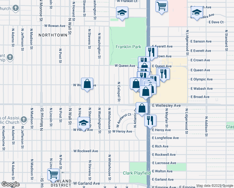 map of restaurants, bars, coffee shops, grocery stores, and more near 4801 North Calispel Street in Spokane