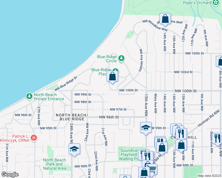 map of restaurants, bars, coffee shops, grocery stores, and more near 6929 Radford Avenue Northwest in Seattle