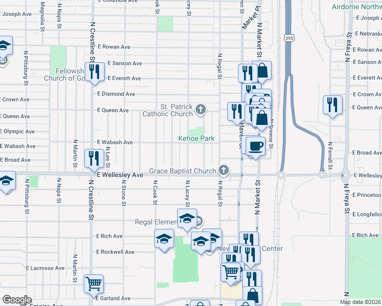 map of restaurants, bars, coffee shops, grocery stores, and more near 4812 North Lacey Street in Spokane