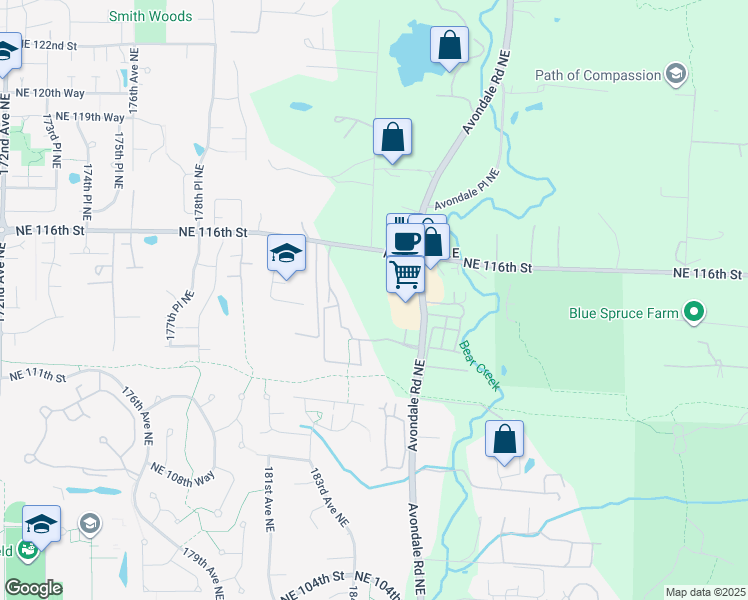 map of restaurants, bars, coffee shops, grocery stores, and more near 11408 183rd Place Northeast in Redmond