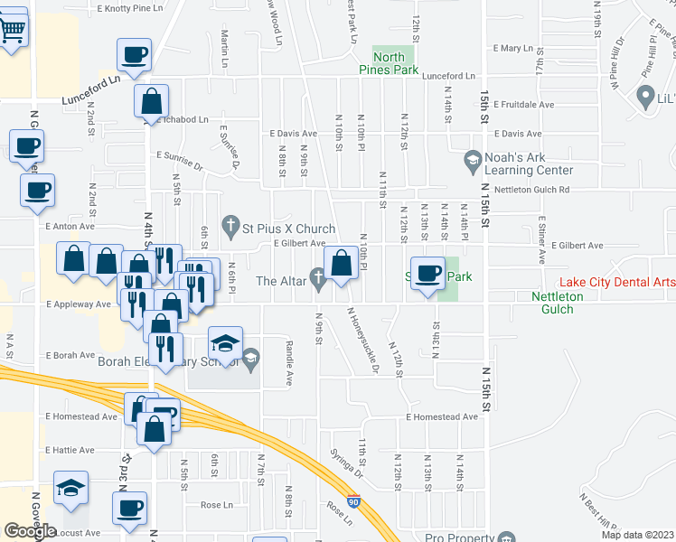 map of restaurants, bars, coffee shops, grocery stores, and more near 2712 North 10th Street in Coeur d'Alene