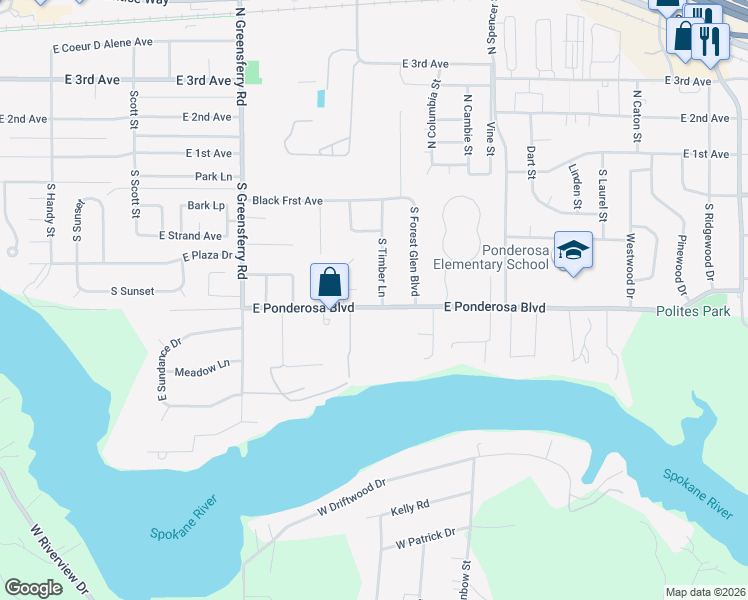 map of restaurants, bars, coffee shops, grocery stores, and more near 418 South Timber Lane in Post Falls