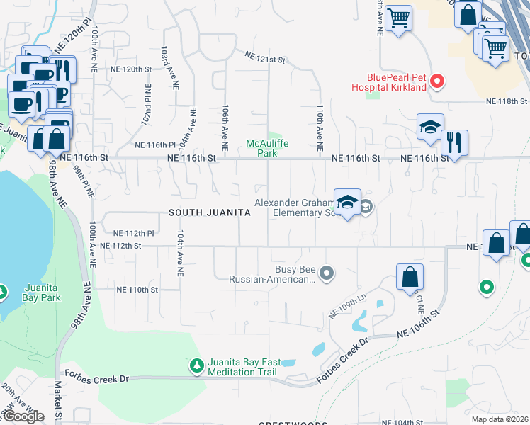 map of restaurants, bars, coffee shops, grocery stores, and more near 11241 108th Avenue Northeast in Kirkland