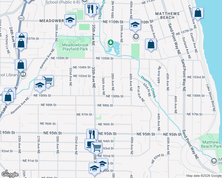 map of restaurants, bars, coffee shops, grocery stores, and more near 10010 36th Avenue Northeast in Seattle