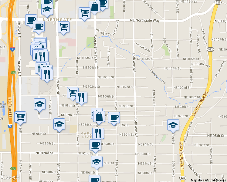 map of restaurants, bars, coffee shops, grocery stores, and more near 1040 Northeast 100th Street in Seattle