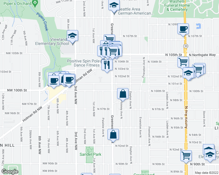 map of restaurants, bars, coffee shops, grocery stores, and more near 200 North 100th Street in Seattle