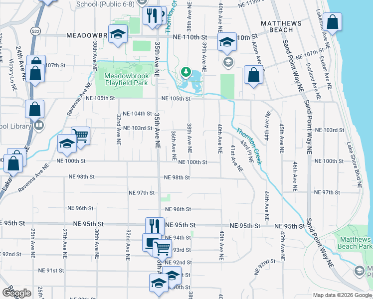 map of restaurants, bars, coffee shops, grocery stores, and more near 10010 36th Avenue Northeast in Seattle