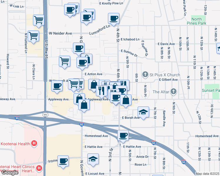 map of restaurants, bars, coffee shops, grocery stores, and more near 131 East Best Avenue in Coeur d'Alene