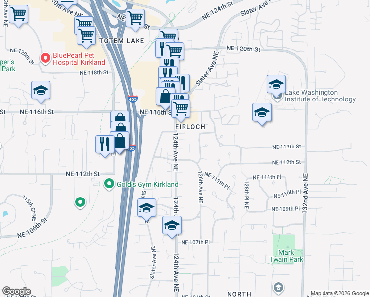 map of restaurants, bars, coffee shops, grocery stores, and more near 11306 124th Avenue Northeast in Kirkland