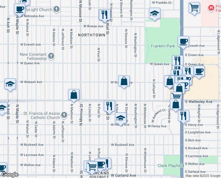 map of restaurants, bars, coffee shops, grocery stores, and more near 4724 North Wall Street in Spokane