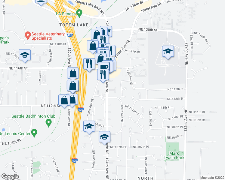 map of restaurants, bars, coffee shops, grocery stores, and more near 11306 124th Avenue Northeast in Kirkland