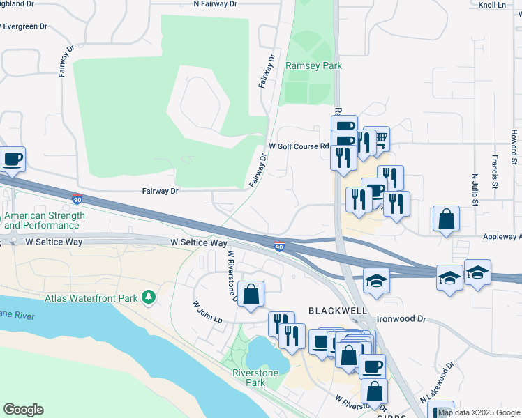 map of restaurants, bars, coffee shops, grocery stores, and more near 1905 Appleway Avenue in Coeur d'Alene
