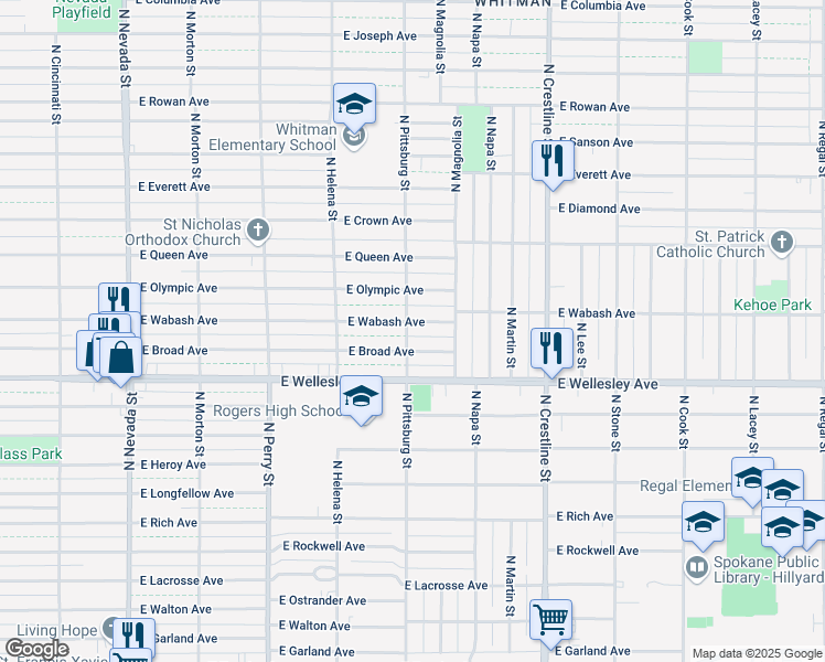 map of restaurants, bars, coffee shops, grocery stores, and more near 1703 East Broad Avenue in Spokane
