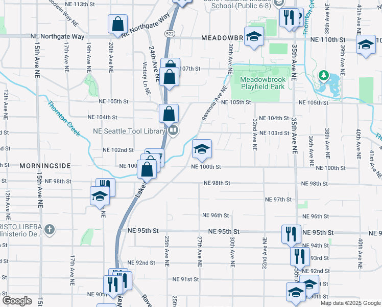 map of restaurants, bars, coffee shops, grocery stores, and more near 2604 Northeast 100th Street in Seattle