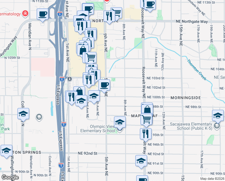 map of restaurants, bars, coffee shops, grocery stores, and more near 524 Northeast 100th Street in Seattle