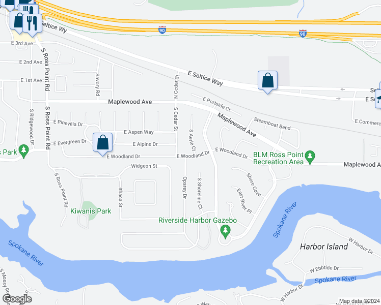 map of restaurants, bars, coffee shops, grocery stores, and more near 4915 East Woodland Drive in Post Falls