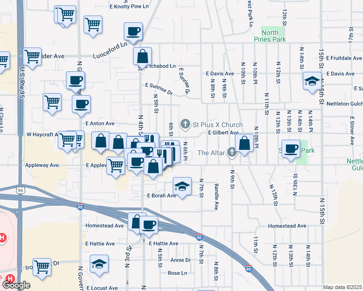 map of restaurants, bars, coffee shops, grocery stores, and more near 2707 North 6th Place in Coeur d'Alene
