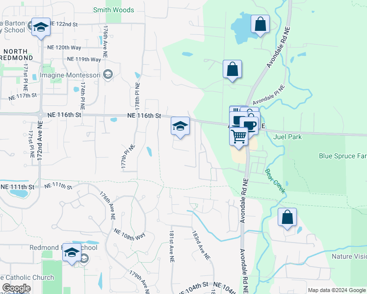 map of restaurants, bars, coffee shops, grocery stores, and more near 18025 Northeast 116th Street in Redmond