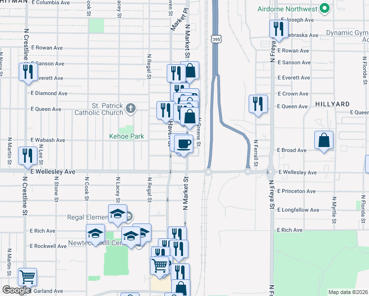 map of restaurants, bars, coffee shops, grocery stores, and more near 4804 North Market Street in Spokane