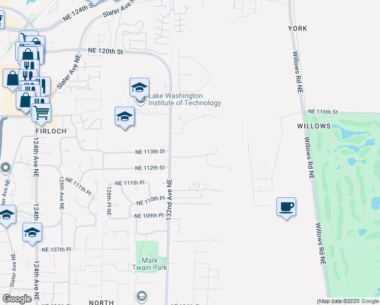 map of restaurants, bars, coffee shops, grocery stores, and more near 13310 Northeast 112th Place in Redmond