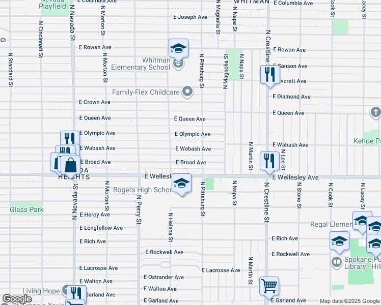 map of restaurants, bars, coffee shops, grocery stores, and more near 1640 East Wabash Avenue in Spokane