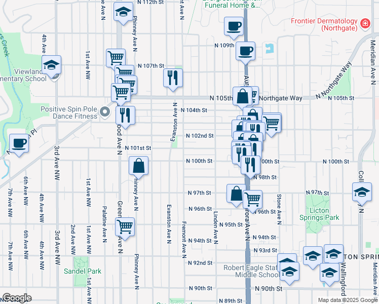 map of restaurants, bars, coffee shops, grocery stores, and more near 718 North 100th Street in Seattle