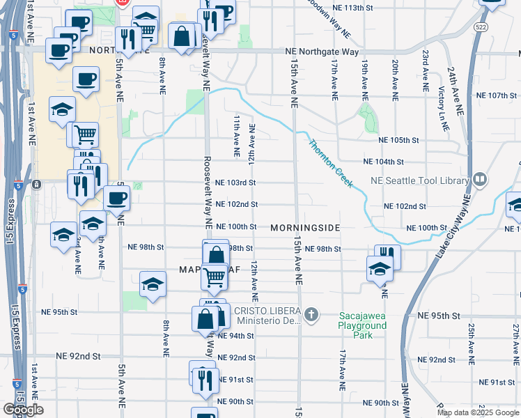 map of restaurants, bars, coffee shops, grocery stores, and more near 1208 Northeast 100th Street in Seattle
