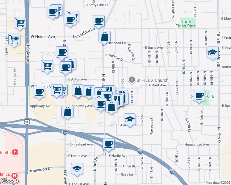 map of restaurants, bars, coffee shops, grocery stores, and more near 2618 North 5th Street in Coeur d'Alene