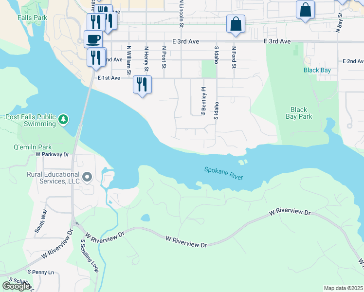 map of restaurants, bars, coffee shops, grocery stores, and more near 700 East Anchor Way in Post Falls