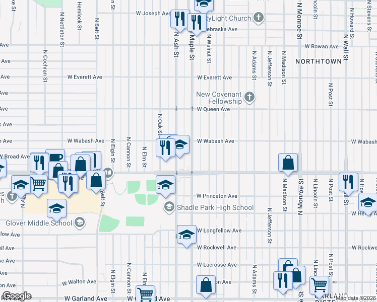 map of restaurants, bars, coffee shops, grocery stores, and more near 4724 North Maple Street in Spokane
