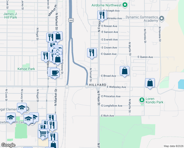 map of restaurants, bars, coffee shops, grocery stores, and more near 3507 East Broad Avenue in Spokane