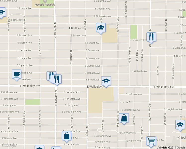 map of restaurants, bars, coffee shops, grocery stores, and more near 1427 East Broad Avenue in Spokane